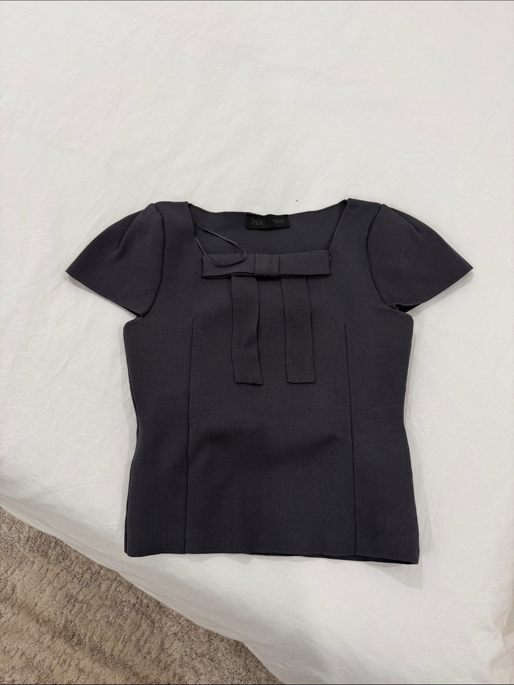 Zara Gray Short-Sleeve Bow Front Top